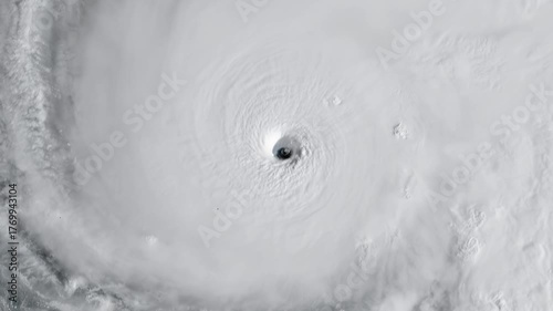 A dramatic aerial satellite view showcasing the distinct eye and swirling cloud bands of a powerful hurricane or typhoon.