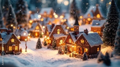Christmas Village Scene Illuminated with Warm Lights and Snow.