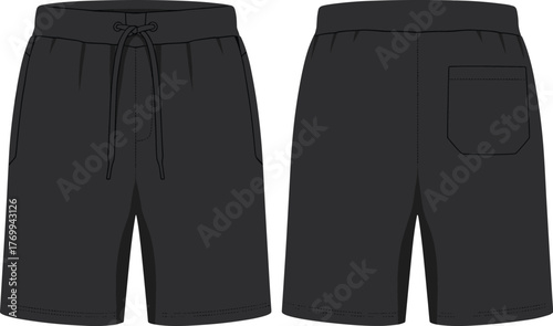Black shorts front and back view, fashion template, drawstring waistband, casual wear design, technical sketch, garment mockup, clothing illustration