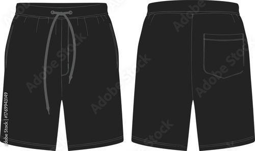 Black casual shorts, front and back view, drawstring waistband, side pockets, patch pocket, summer fashion, streetwear, apparel, clothing, textile