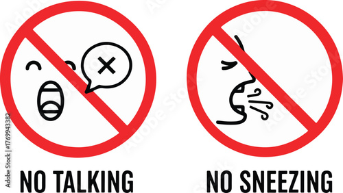 Set of Public Space Prohibition Signs for No Talking and No Sneezing, Health and Safety Rules
