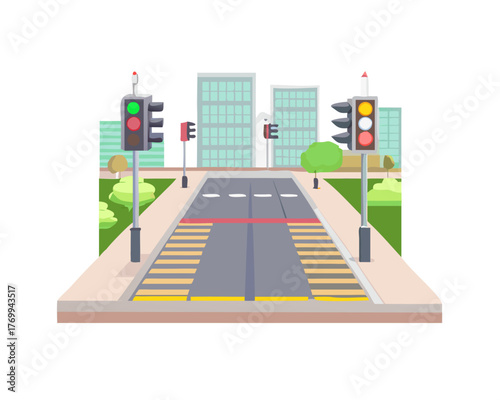Road Empty City Street With Crosswalk And Traffic Lights Flat Vector Illustration
