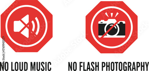 Red octagonal warning symbols for quiet zones and photo restrictions, an isolated vector icon set for public regulations