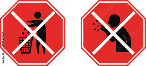 A set of red octagonal prohibition signs for public spaces, illustrating symbols for no littering and no spitting as vector icons
