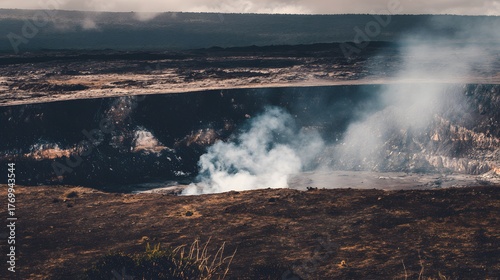 fumarole. Volcanic crater emitting white smoke against a rocky landscape. ESG reports, sustainability campaigns, designed for environmental awareness campaigns, used by sports marketers.