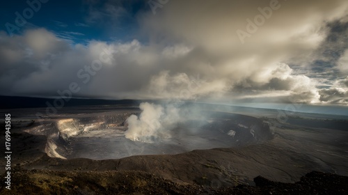 fumarole. Volcanic crater emitting white smoke against a rocky landscape. ESG reports, sustainability campaigns, designed for environmental awareness campaigns, used by sports marketers.