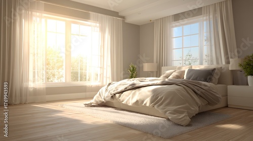 Bright morning sunlight streams into a contemporary bedroom featuring a low platform bed and sheer draperies