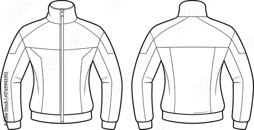 Jacket technical sketch, front and back view, high collar, zipper closure, chest pocket, ribbed cuffs, fashion illustration, garment template, apparel design, outerwear mockup