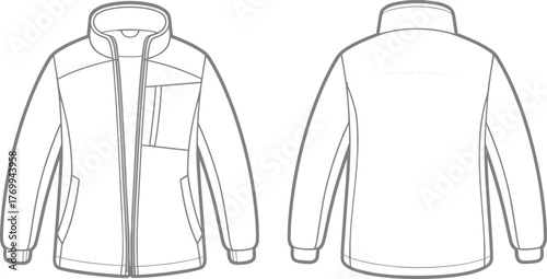 Jacket technical sketch, front and back view, high collar, zipper closure, chest pocket, side pockets, fashion illustration, garment template, apparel design, outerwear mockup