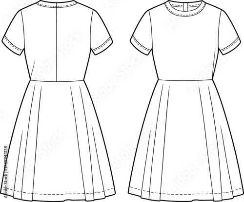 Short sleeve dress sketch, fashion flat illustration, pleated skirt design, fitted bodice detail, round neckline style, front and back view, sewing pattern template, vector garment drawing
