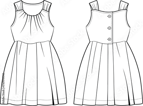 Sleeveless dress sketch, gathered neckline illustration, pleated skirt design, button back detail, front and back view, sewing pattern template, stylish garment outline, vector fashion drawing