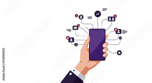 Hand Holding Smartphone with Connected Social Icons.