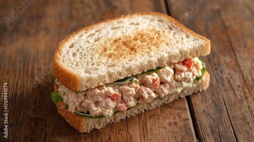 Artisanal Tuna Mayonnaise Sandwich Gourmet Lunch, Delicious Homemade Food, Fresh Healthy Meal on Rustic Wood