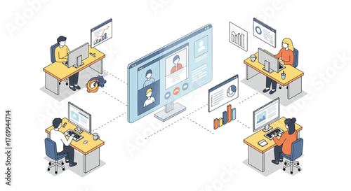 Isometric Illustration of Remote Team Video Conference Meeting.