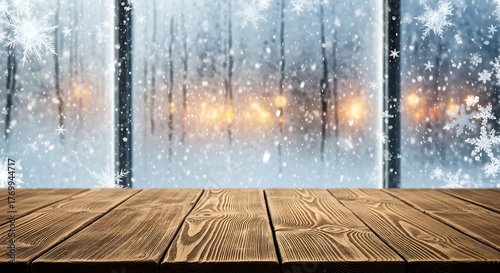 Wooden table top with snowflakes and blurred winter window background scene