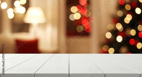 Empty white wooden table top with blurred christmas tree in cozy living room