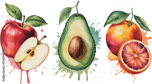 A striking watercolor illustration beautifully renders a trio of fresh, healthy fruits: a bright red apple (whole and sliced), a creamy green avocado, and a vibrant red orange (whole and sliced).
