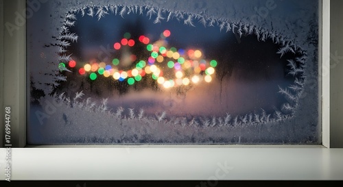 Frosty window overlooking a christmas tree with colorful lights in the background