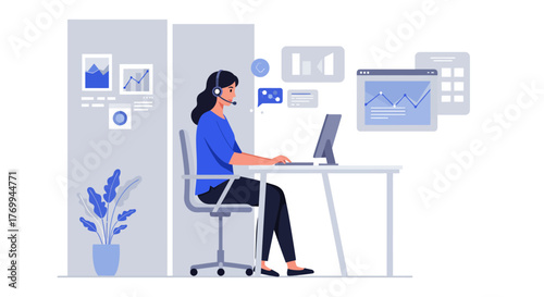 Woman Working at Desk with Headset and Computer.