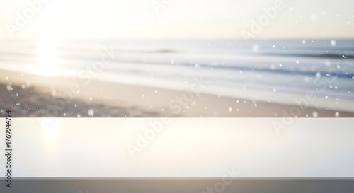 Empty white table top with blur beach and sea in winter season background