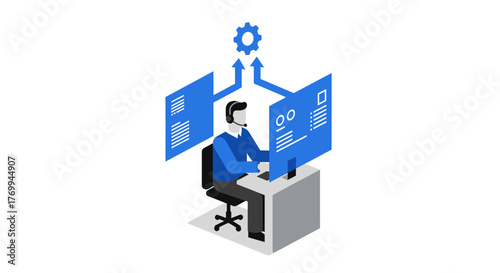 Operator Working with Computer Screens and Gear Icon.