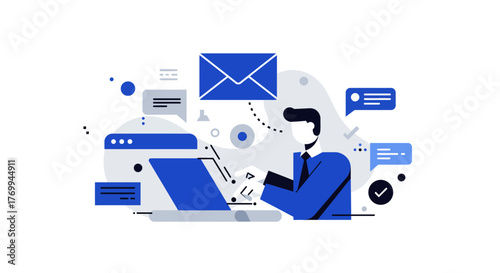 Businessman Working on Laptop with Email Icons.