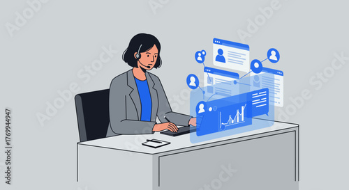 Customer Service Representative Working with Digital Interface.