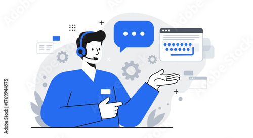 Friendly Customer Service Representative with Headset and Gestures.