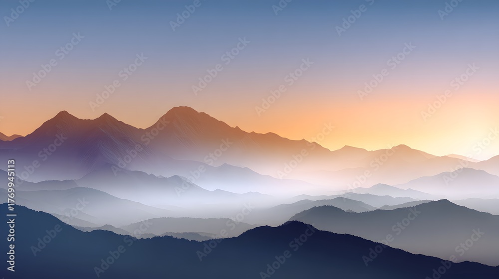 Obraz premium Layered mountain silhouettes fade into a soft, colorful twilight sky