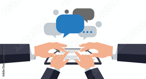 Hands Interacting with Tablet and Speech Bubbles.