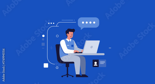 Man Working on Laptop at Desk Vector Illustration.