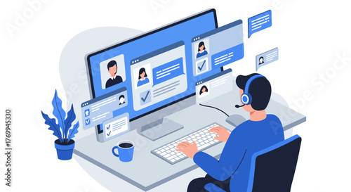 Customer Service Representative Working on Computer with Headset.