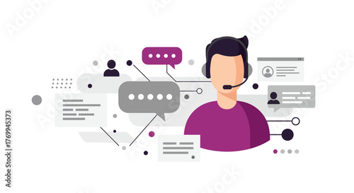 Customer Service Representative with Headset and Speech Bubbles.