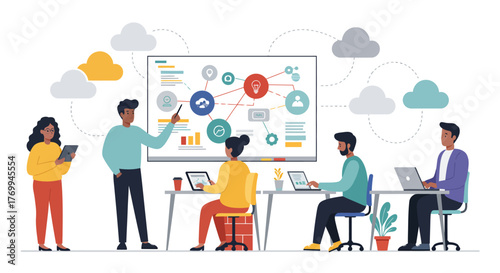 Team Collaboration and Presentation in Modern Office Setting.