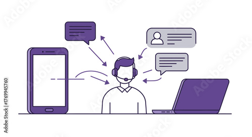 Customer Service Representative with Phone Laptop and Chat Bubbles.