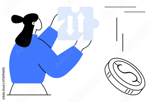 Woman holds puzzle piece with arrows, representing problem solving. Coin signifies financial concepts thumbs up budgeting, investment, and value growth. Ideal for business, strategy, teamwork