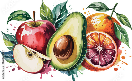 A vibrant and fresh watercolor illustration showcases a healthy trio of fruits: a red apple (whole and sliced), a ripe avocado, and a juicy orange (whole and sliced). 