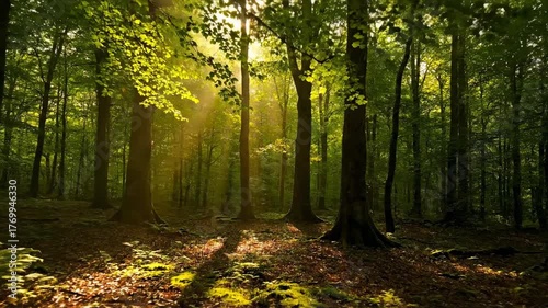 Sunlight filters through a dense forest canopy, creating shifting patterns of light and shadow on the forest floor deep forest, meditation, forest