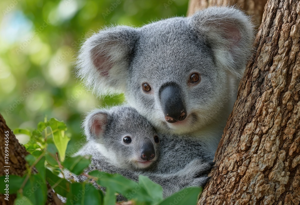 Fototapeta premium a koala bear with baby koalas on its back, sitting on a tree branch