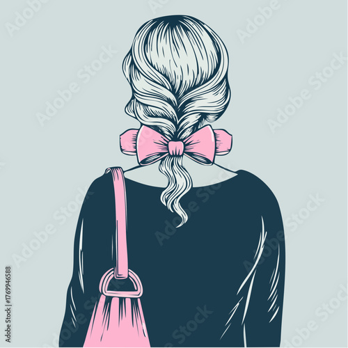 braided back portrait with large pink bow and matching sling bag on cool blue field; product mockup or listing art for bows, handbags, and hair accessories