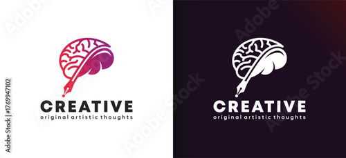 Vector illustration of a creative smart idea pen logo design with a brain icon symbol