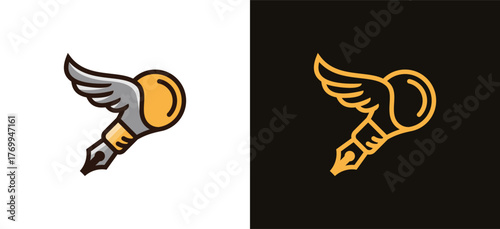 Vector illustration of a smart creative idea pen logo design with a light bulb and wings icon symbol
