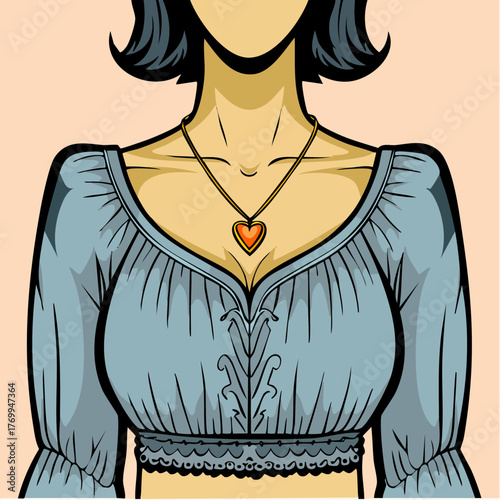 ruched blue crop top with gold heart pendant on peach field; portfolio piece for character designers, illustrators, and apparel mockups