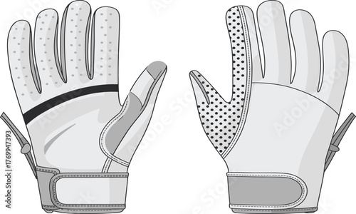 Black and white vector illustration of equestrian sport gloves front and back view with wrist strap, reinforced grip, ventilation, fashion template
