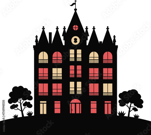 Gothic mansion with illuminated windows at dusk