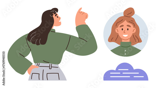 Woman pointing confidently while explaining or brainstorming. Profile headshot in circular frame and conceptual cloud. Ideal for communication, teamwork, leadership, mentor feedback