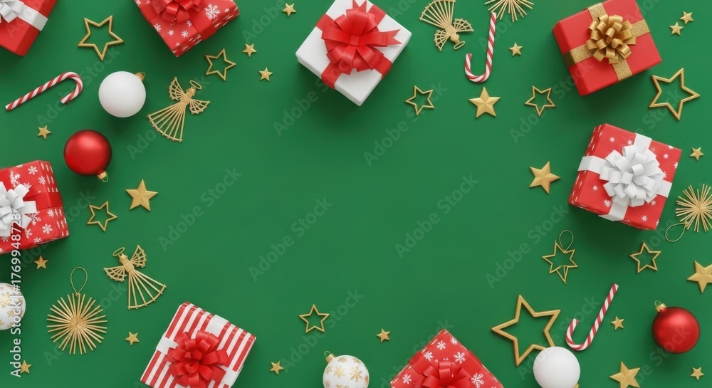 Obraz premium Festive christmas decorations on green background with gift boxes and ornaments.