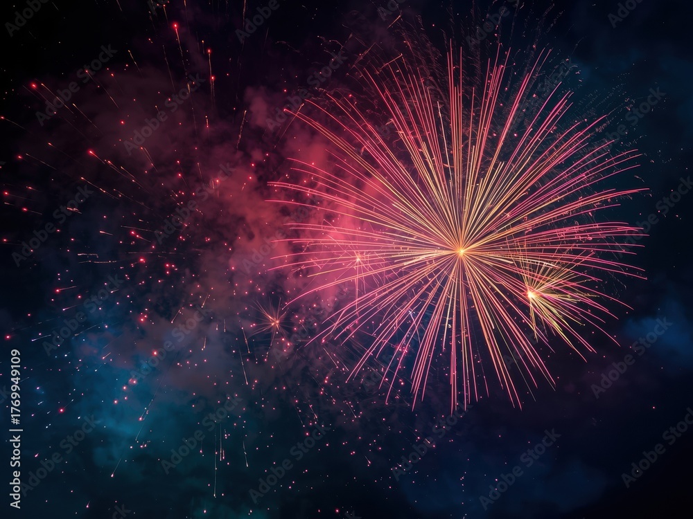 Fototapeta premium Spectacular vibrant fireworks explode across the night sky celebrating a new year or special event