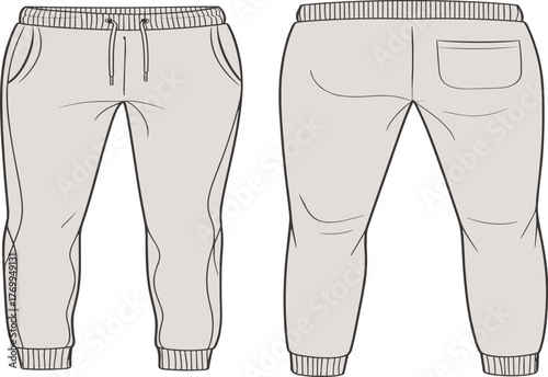 Technical flat sketch of men’s jogger pants front and back view with drawstring waistband, ribbed cuffs, pockets, detailed fashion template