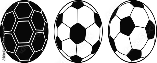 Set of three soccer ball vector illustrations with unique black and white panel patterns, classic football designs, modern sports equipment artwork collection